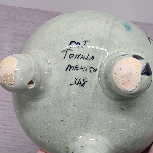 Tonala Mexican Pottery Round Footed Planter Blue Green Floral Signed CAT - Picture 3 of 8